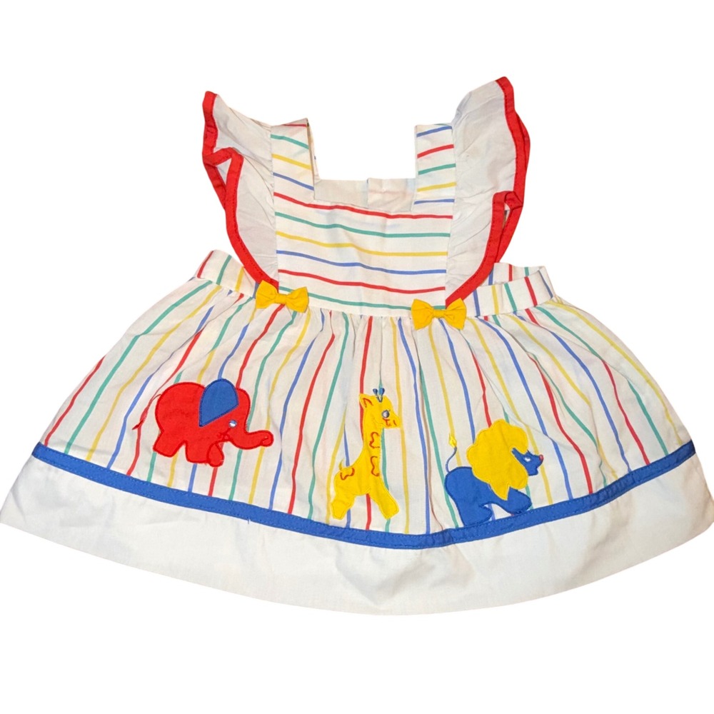 Vintage Cradle Togs 12M Zoo Animal Applique Sundress Rainbow Stripe Baby Dress